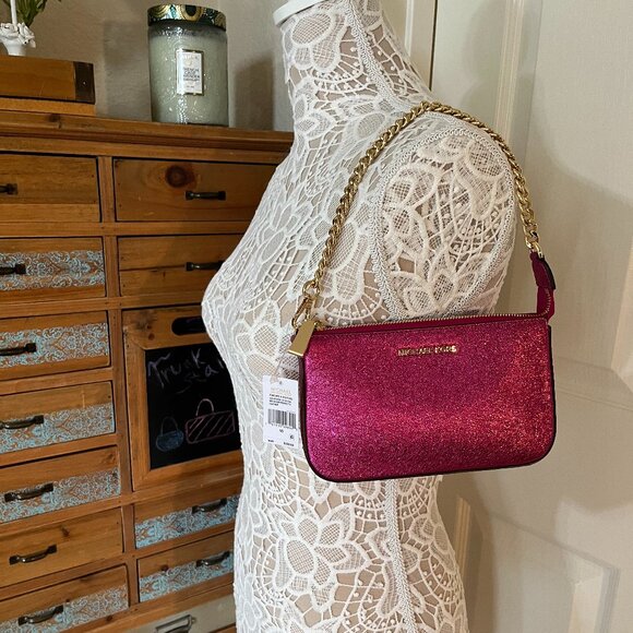 Michael Kors Ultra Pink Sparkly Leather Pouchette Bag W/ Gold Chain - NWT - Picture 2 of 10